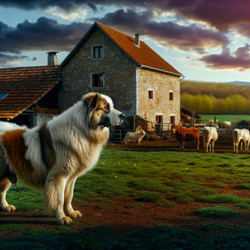 A sheepdog guarding a farm